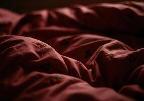 Textured fabric surface with subtle cherry embroidery in low light ambiance photo