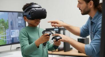Virtual reality learning experience with child and instructor in tech environment photo