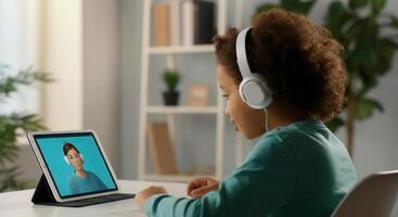 Child engaged in virtual AI learning on tablet with animation in modern home environment photo