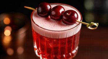Luxurious cocktail with dark red cherries on skewer in elegant glass photo