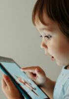 Curious child engaged with tablet display touching screen for learning photo