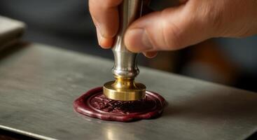 Hand stamping red wax seal on metal surface with brass seal stamp photo