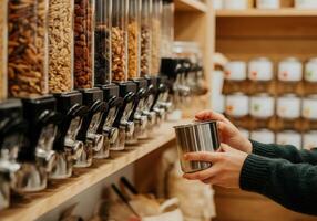Bulk food shopping in eco-friendly zero waste store for sustainable living photo