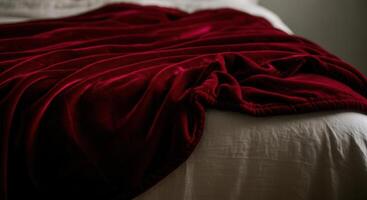 Luxurious dark red cherry velvet blanket on bed in cozy bedroom setting photo