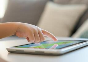 Child's hand using digital tablet for AI powered educational game at home photo
