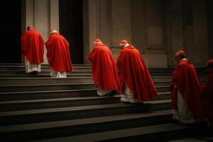 Cardinals in red robes ascending steps inside historic cathedral photo