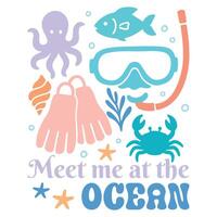 meet me at the ocean - Boho Summer T-shirt Graphic Design, Retro Boho Summer Beach Illustration, Trendy Good Summer Vibes Art, Boho Summer Sunshine Design Sublimation vector