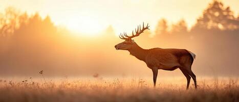 Stag stands alert in misty golden field at dawn. Majestic animal gazes into light with forest in background during sunrise photo