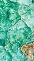 Clear turquoise ocean water washes over rocks. Light reflects on the surface. Coral sits on the bottom. Serene view. Vertical orientation photo