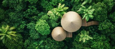 Aerial view dense green forest with round thatch roof huts. Wooden walkway in lush foliage. Tropical jungle canopy from above. Exotic nature background photo