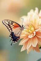 Butterfly with colorful wings rests on light orange flower petals. Close up macro shot of insect on bloom with soft pastel background photo