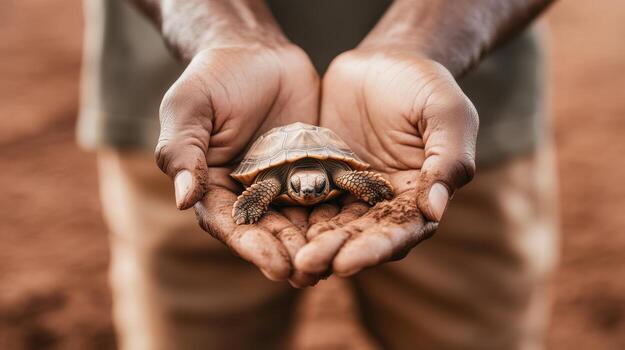 Close up of small turtle in two open hands. The background is soft brown, soft texture, small turtle in focus, gentle concept photo