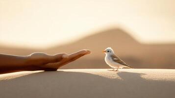 Small bird looks at hand in desert. Soft light shines on sand. Tiny animal and open palm meet in nature. photo