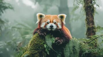 Red panda resting on mossy branch. Dense green forest and light fog create a wild habitat backdrop. Gentle expression and soft fur details. photo