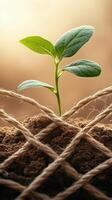 Small plant growing from soil under netting. Green leaves reach toward the light. New growth emerges from the earth in early spring. photo