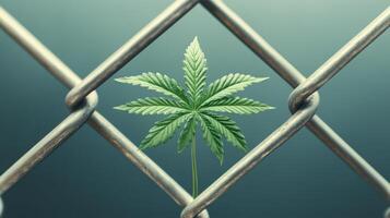 Green leaf plant growing behind metal fence. Wild sprout breaking through barrier. Close up of leaf and gray metal on dark background. photo