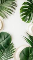 Green palm leaves and straw hats create a frame on a white background. Tropical plants and summer hats offer a vacation feeling. photo