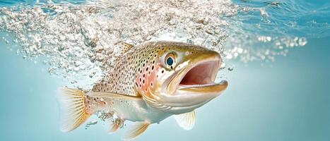 Spotted fish swims underwater. Trout with open mouth surrounded by clear bubbles in clean water. Fish swimming quickly in blue fresh water. photo