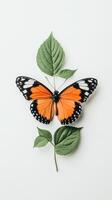 Orange butterfly rests near green leaves on a simple white background. Butterfly has black and white markings on the wing edges. Flat lay photo. photo