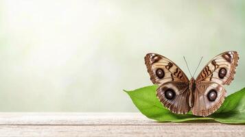 Brown butterfly rests on green leaf. Soft light background with wooden surface. Insect with wing pattern detail in nature scene. photo