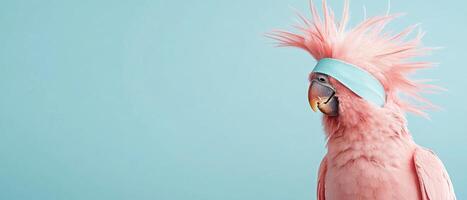 Pink parrot with feathers up looks to the side against plain light blue background. Bird has head band on and a curved beak. photo