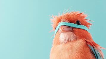 Orange bird stares ahead. The bird wears a blue band. Soft blue background. The bird has fluffy feathers. Studio shot. photo