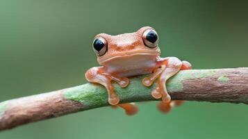 Small orange frog clings to a thin green branch. The amphibian has big black eyes against a soft green background. Wildlife close up. photo