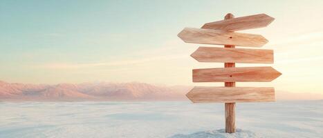 Wooden directional sign in snowy landscape. Arrow signs point different ways. Mountain range in background. Pale sky during sunrise or sunset. Cold environment. photo