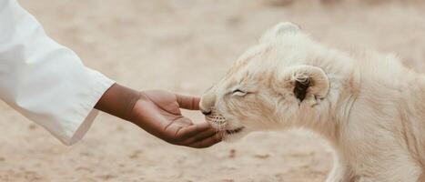 Pale lion cub receives gentle touch on its nose. Close up view of tender moment in sandy setting. Soft light reveals affection. photo