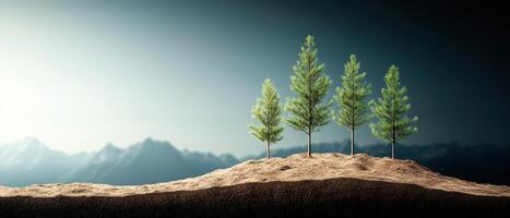 Small green trees grow on a dirt hill. Mountains are blurred in background. Dark sky surrounds the nature scene. Root system shows below the ground. photo