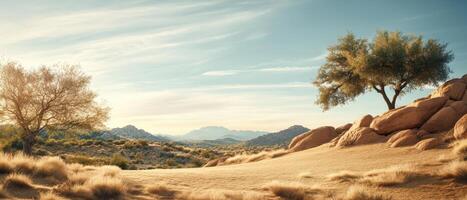 Dry grassland landscape with trees and rocks under a bright blue sky, desert scenery in golden light, soft hills in the distance. photo