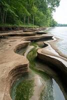 Sandy layered shore with green algae beside calm lake water. Green trees line the coast. Summer day at the lake with textured bank. photo