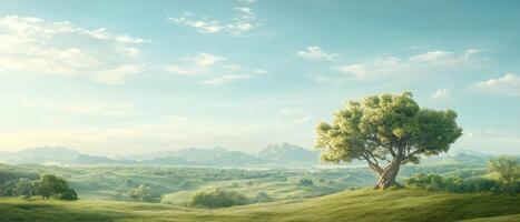 Green tree stands on hill. Mountain range in distance. Sunny day with bright blue sky and soft clouds. Lush green valley below. photo