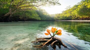 Orange flower growing from roots in clear water. Green trees line the river. Sunlight shines on the calm scene. photo