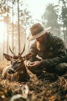 Deer rests near a bearded man in hat. Forest trees and morning light fill the background. Ground is covered with leaves. photo