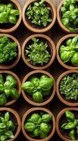 Overhead view of fresh green herbs growing in small brown pots on a dark wooden surface arranged in rows and columns forming a pattern photo