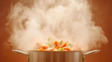 Chopped vegetables steaming in a metal pot. Cooking healthy food with carrots, zucchini, and other ingredients, on a brown background photo