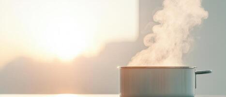 Steam rises from a cooking pot. Light from the sun shines brightly. The background is plain. Minimalist style image photo
