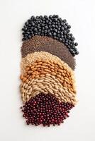 Variety of berries, nuts, and seeds arranged in rows on white surface. Food displayed from above for healthy eating and snack ideas photo