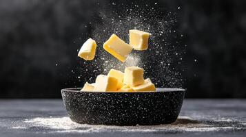 Butter cubes falling into black bowl. Sugar powder surrounds food on dark background. Cooking ingredients for bakery product preparation photo