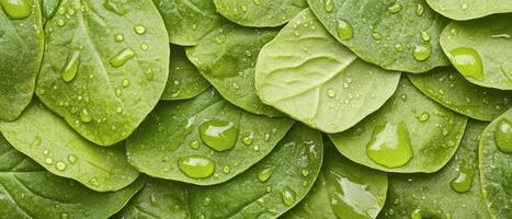 Fresh green leaves close up covered with water droplets. Top view of many organic spinach leaves. Healthy food ingredient backdrop photo