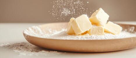 Butter cubes on flour in wooden bowl. Fine powder sprinkling. Preparation for baking. Beige background. Studio shot. Food photography photo