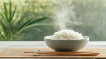 Steaming white rice in a bowl. Chopsticks rest on a bamboo mat with greenery background. Freshly cooked grains served on a table photo