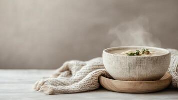 Steaming soup in a bowl on a wooden plate near a soft scarf on a wooden table. Cozy and warm atmosphere photo