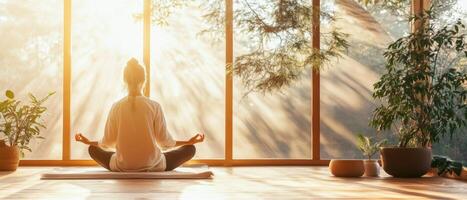 Woman sits meditating in a lotus position inside bright sunny room. Sunshine streams through large window with plants around her. Focus on wellness and nature photo