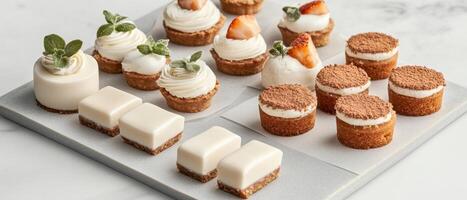 Assorted vegetarian desserts on grey surface. Small cakes with cream topping. Tarts with strawberry and chocolate. Delicious sweet food photo