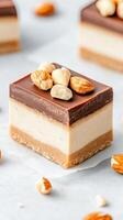 Square dessert with chocolate layer. Almonds and macadamia nuts topping. Layers of creamy filling. Vegetarian dessert option. Tasty dessert close up photo