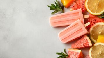 Two pink popsicles lie between slices of watermelon, grapefruit, lemon, and mango, garnished with green herbs on a gray surface photo