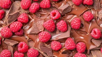 Delicious creamy sweets. Melted chocolate base, fresh raspberries and pieces of dark chocolate. Closeup of tasty vegetarian desserts. photo