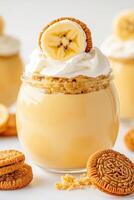 Banana Pudding Dessert in Glass Jar. Vanilla Cream with Fruit and Cookies. Sweet Vegetarian Treat on White Background. photo
